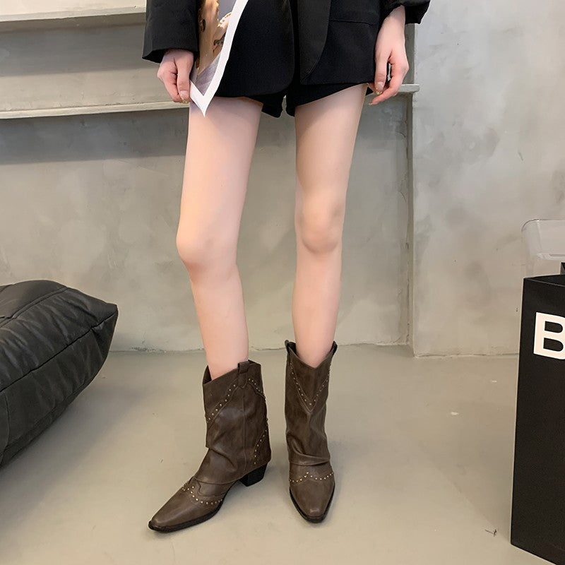 Retro V Cut Pointed Toe Pantyhose Boots