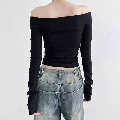 Ins Style Simple Solid Color Off-neck Shoulder-baring Bottoming T-shirt