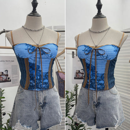 Vintage Ink Painting Lace-Up Tube Top with Chest Pad
