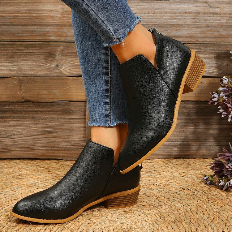 Back Zip Chunky Heel Booties Pointed Toe