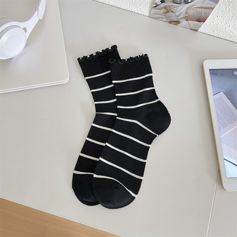 Black and White Lace Openwork Mid-Calf Socks