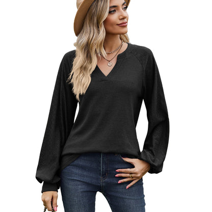 Solid Color V-neck Patchwork Loose Long Sleeve T-shirt
