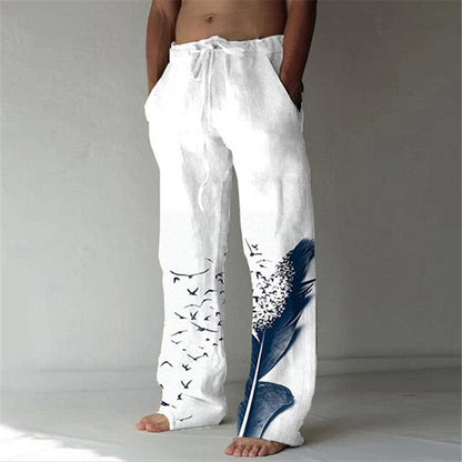 Men's Cotton Linen Printed Drawstring Trousers