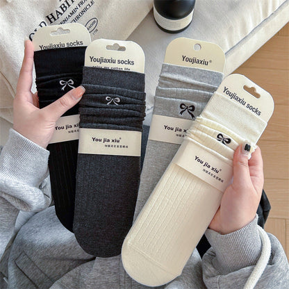 Solid Color Bow Embroidery Mid-calf Length Loose Socks