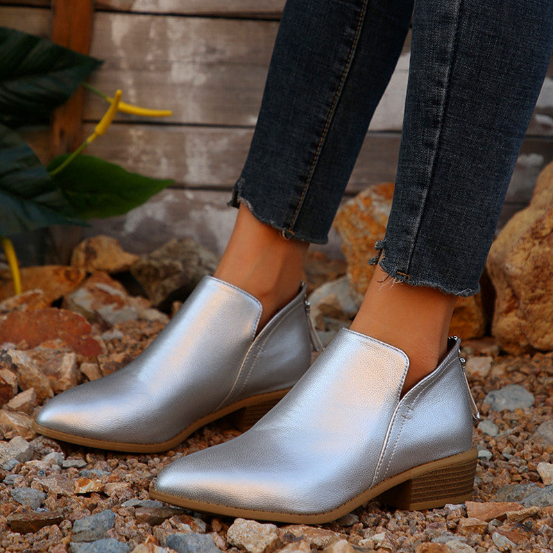 Back Zip Chunky Heel Booties Pointed Toe