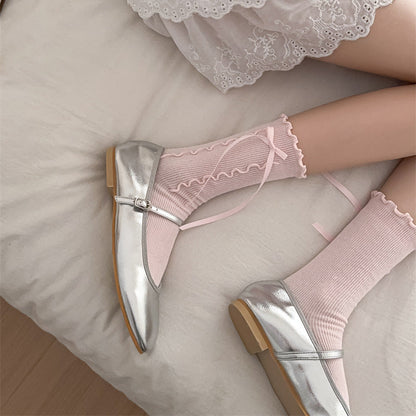 Jk Girly Style Side Wooden Ear Bow Ribbon Female Middle Tube Socks