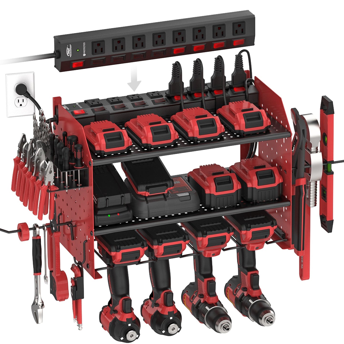 3 Layers Power Tools Organizer Wall Mount with Charging Station, Garage Tool Storage Rack Shelf with 8-Outlet Individual Switches Power Strip