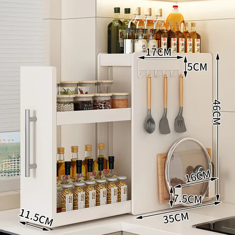 Pull-out multi-functional multi-layer storage seasoning rack, kitchen narrow side countertop storage rack