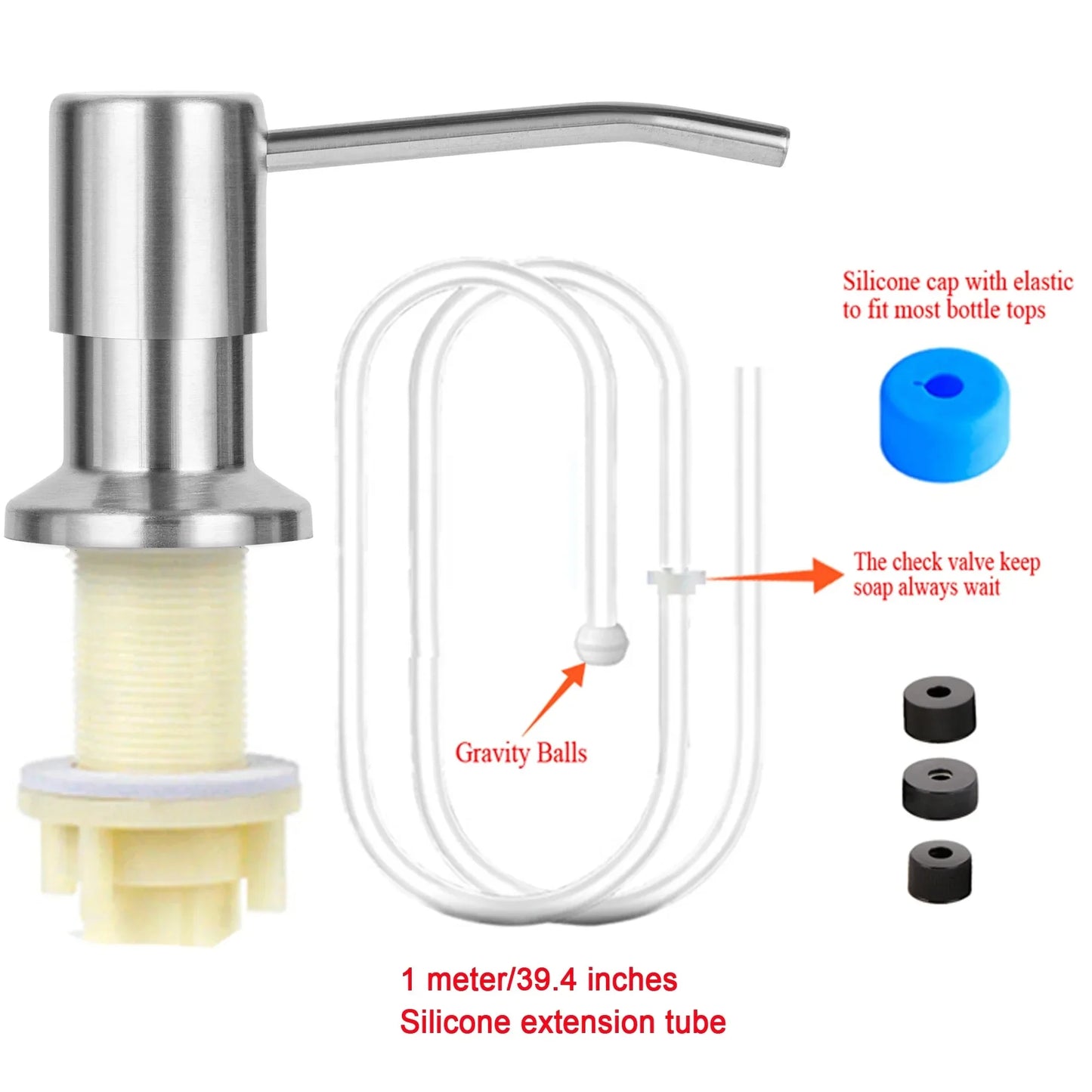 Stainless Steel Press Head Soap Dispenser for Kitchen Sink Soap Dispenser Extension Tube kit Under Sink Soap Dispenser Pump