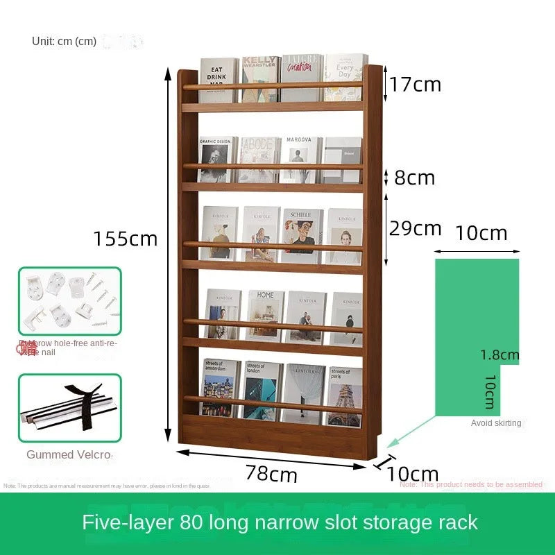 Behind the door, there is a small bookshelf, a multi-layer solid wood ultra-thin bookcase, a newspaper rack, a narrow slit child