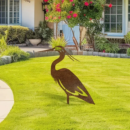 Rusted Metal Crane Garden Statue - Contemporary Freestanding Heron Bird Sculpture, Weather-Resistant Outdoor Yard Art for Lawn
