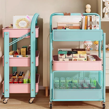 Foldable Multi Tier Rolling Trolley Organizer Cart Kitchen Home Bedroom Books Snacks Portable Storage Cart Wheels Furniture