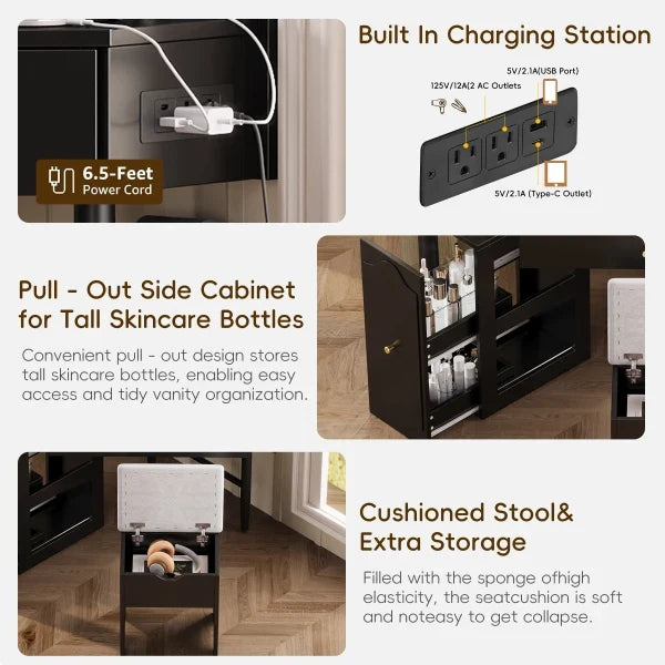 Vanity Desk Set with Storage Cushioned Stool and Charging Station, Triangle Makeup Desk with