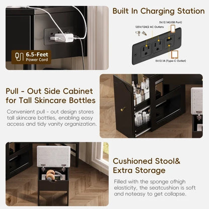 Vanity Desk Set with Storage Cushioned Stool and Charging Station, Triangle Makeup Desk with