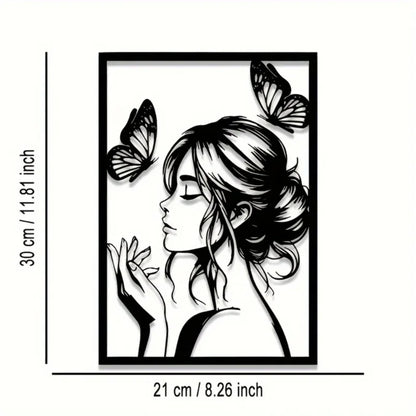 Metal Wall Art with Woman & Butterfly – Elegant Framed Decor for Room, Patio, Terrace, Perfect Gift for Her