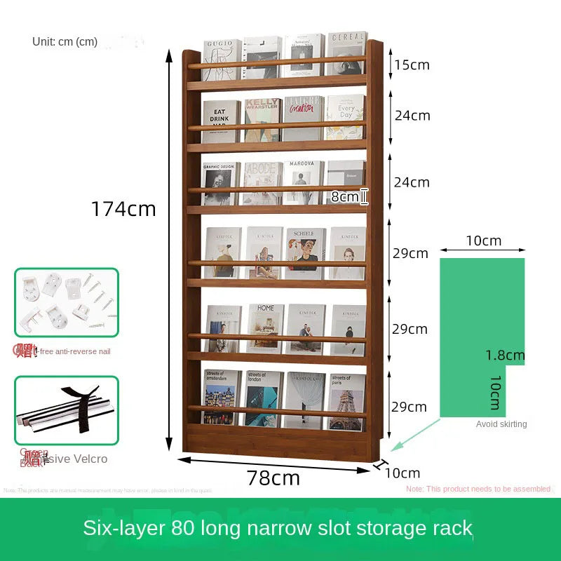 Behind the door, there is a small bookshelf, a multi-layer solid wood ultra-thin bookcase, a newspaper rack, a narrow slit child