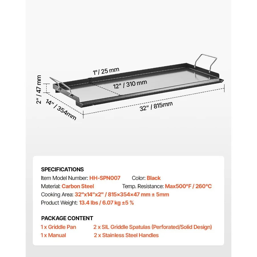 Carbon Steel Griddle 32x14 inch Universal Flat Top Rectangular Plate for Gas Grill BBQ Teppanyaki Portable Cooking with Handle