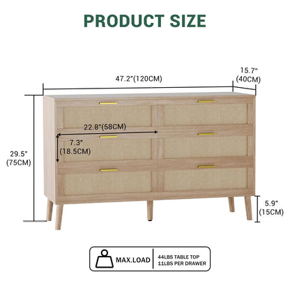 47.2" Rattan 6 Drawer Dresser Mid Century Modern Chest Of Drawers With Gold Handles Large Storage Dresser For Bedroom Entryway