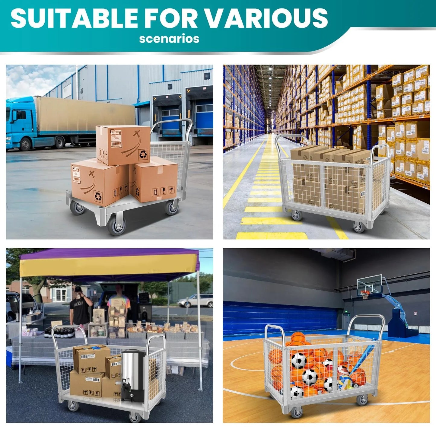 2200LBS Platform Truck Cart with Cage 4 in 1 Wire Mesh Cage Cart Basket Cart