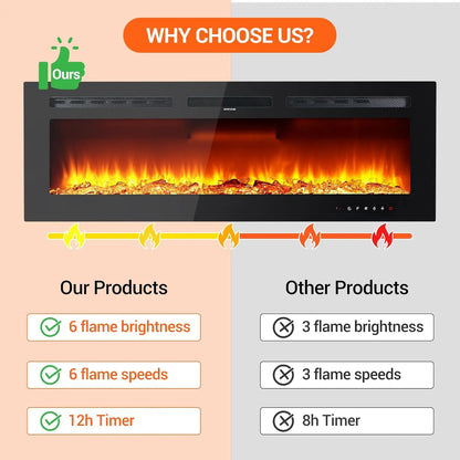 50Inch Electric Fireplace Inserts Ultra Narrow Frame Wall Mounted Fireplaces with 3 Heating Modes 12 Flame Colors Remote Control