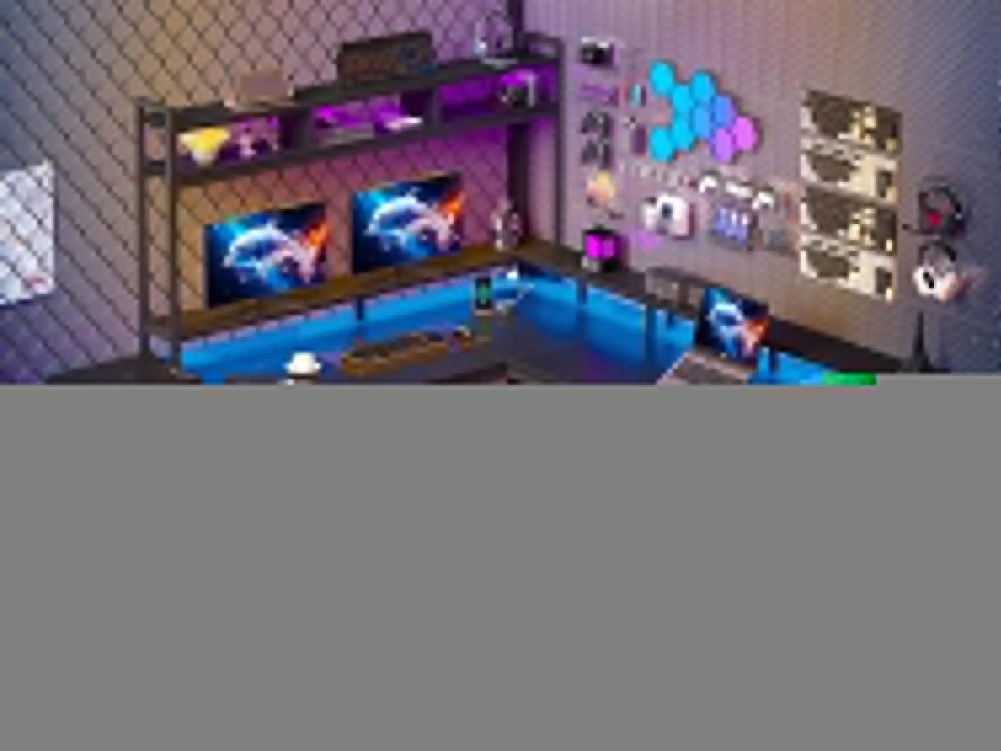 64 x 60 Inches L Shaped Desk with Hutch and Drawers, Gaming Desk with Power Outlet & Monitor Stand & LED Lights,  Corner Desk