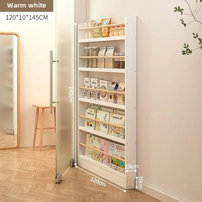 Solid wood bookshelf, floor standing wall mounted multi-layer storage rack, household bookshelf, thin bookshelf behind the door