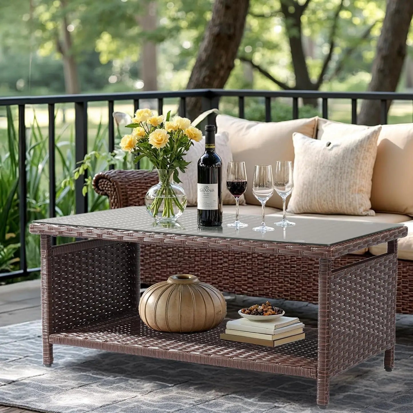 Outdoor Wicker CoffeeTable Patio Coffee Tables for Outside, Tempered Glass Top Wicker Table with Storage Coffee Table for Patio