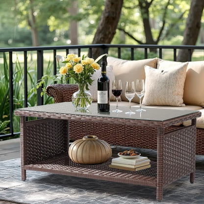 Outdoor Wicker CoffeeTable Patio Coffee Tables for Outside, Tempered Glass Top Wicker Table with Storage Coffee Table for Patio