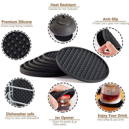 6/7 Pcs Silicone Drink Coasters with Holder Heat Resistant Cup Dish Drying Mat Tabletop Protection Non-Slip Coasters for Drinks