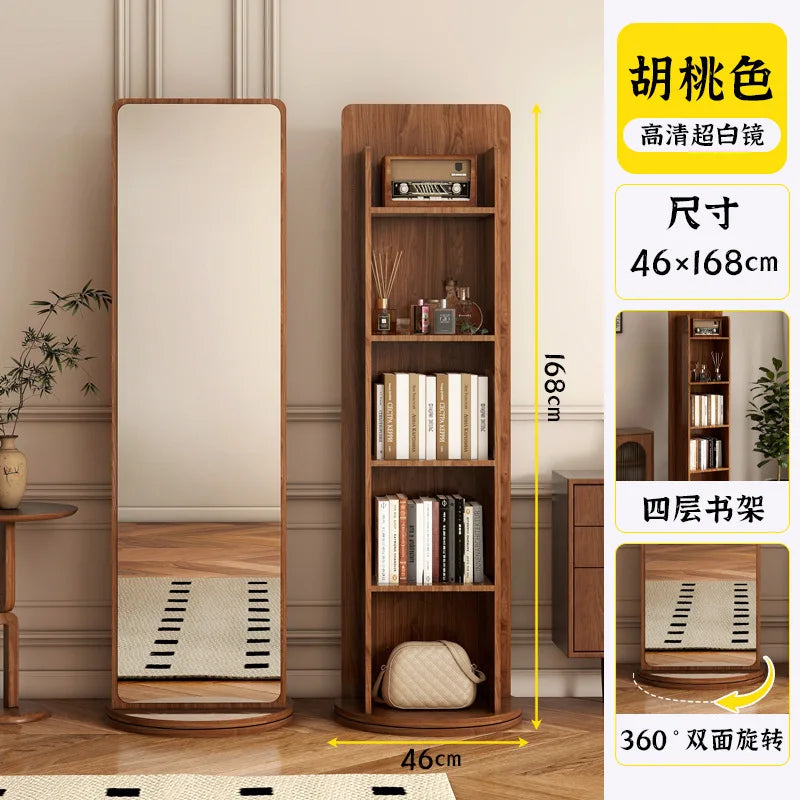 Rotating dressing mirror full body floor mirror home magazine bookshelf rotating storage rack vertical fitting mirror