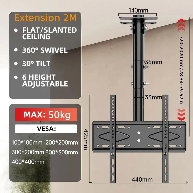 Ceiling TV Mount Full Motion TV Bracket for Most 32-65" Flat Curved TVs/Monitors Swivel Tilt Height Adjustable Hanging TV Mount