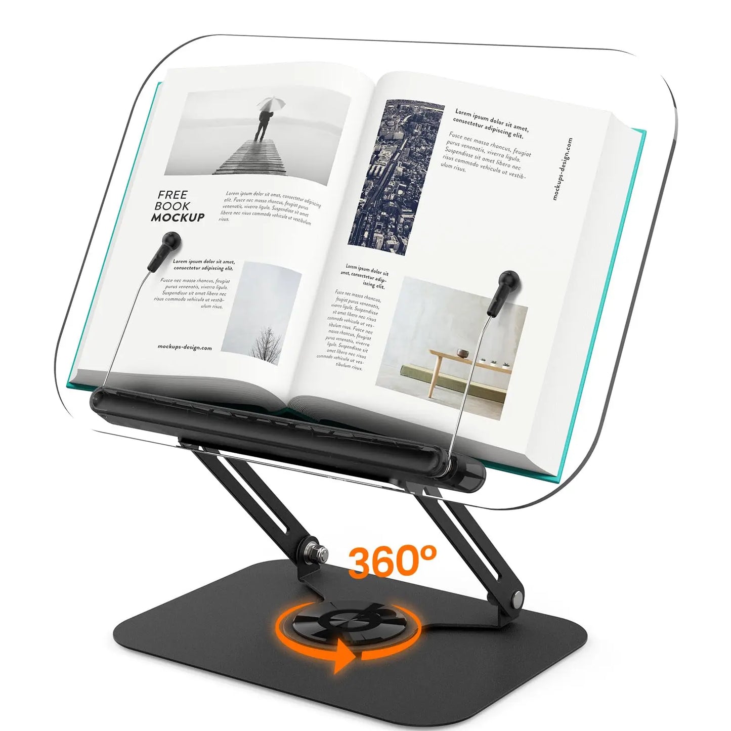 NEW Book Stand for Reading Adjustable Book Holder with 360° Rotating Base Elastic Page Clips Foldable Desktop Riser Stand