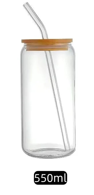 350ml/550ml Glass Cup Cola Cold Drink Water Cup with Bamboo Lid Coffee Milk Juice Straw Mug Beer Can Drink Home Breakfast Cup