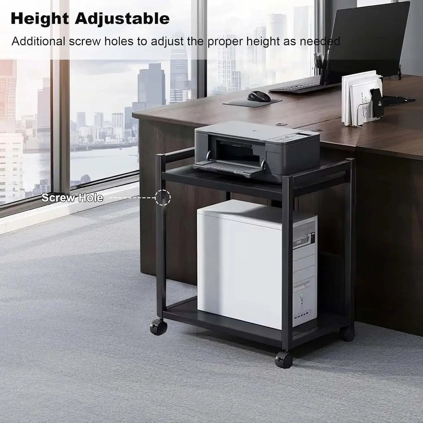 2-Tier Computer Tower Stand with Locking Wheels,Height Adjustable Printer Table Rolling Shelf CPU Holder Cart for Home Office