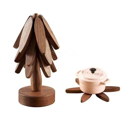 Wooden Trivets for Hot Dishes Folding Tree Shape Black Walnut Table Mat Holders Heat Insulated Pad Set Coasters for Pots