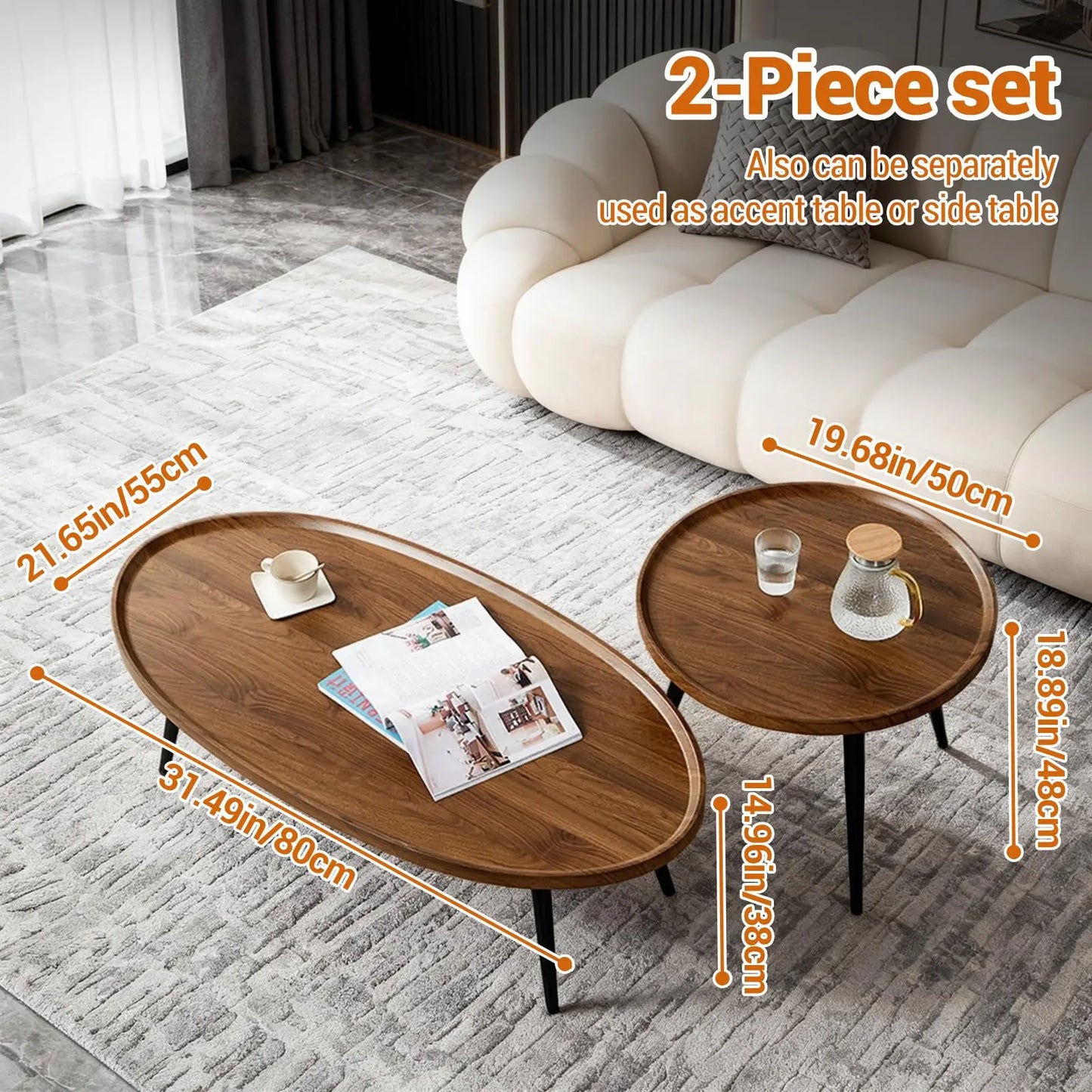 Nesting Coffee Table Set of 2 Mid Century Modern Walnut End Tables For Living Room Small Spaces Sofa Side Table