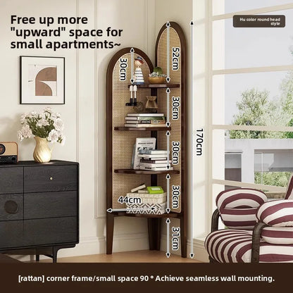Retro bookshelf triangular corner cabinet rattan weaving living room screen partition study storage bedroom corner cabinet
