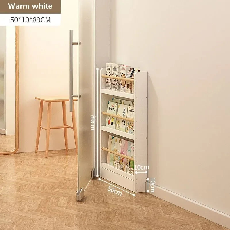 Solid wood bookshelf, floor standing wall mounted multi-layer storage rack, household bookshelf, thin bookshelf behind the door