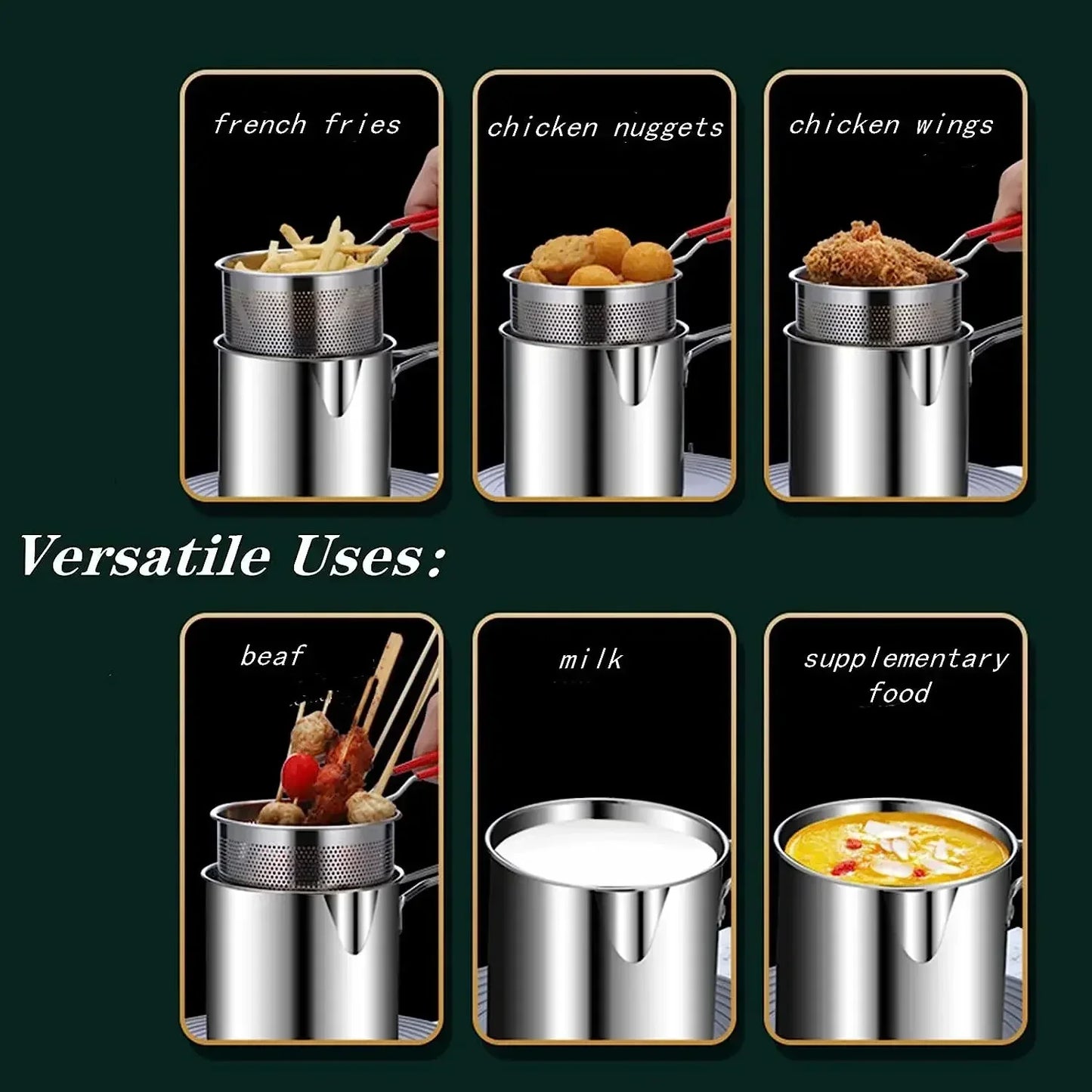 Stainless Steel Deep Fryer with Basket Multi-Purpose for Home Commercial Tempura Chicken Frying Anti-Slip Base Cool Handle