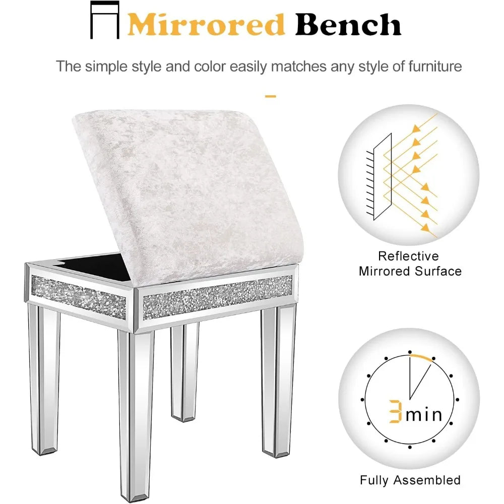 Mirrored Vanity Stool with Storage, Upholstered Velvet Ottoman, Makeup Dressing Table Bench with Sparking Diamonds, Silver