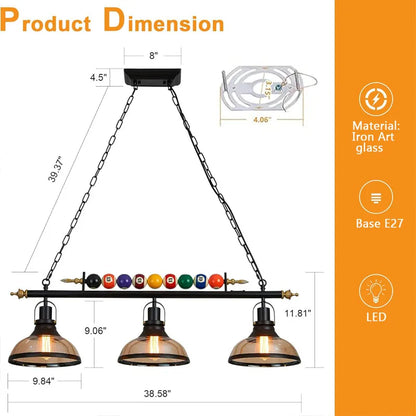 Retro Billiard Pendant Lamp LED with 3 Glass Shades Adjustable chandelier Dining Table For Bar Indoor  Industrial Decor Lights