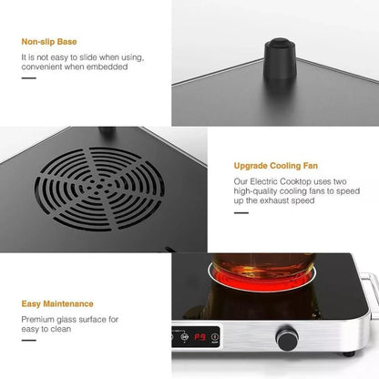 2-Burner Electric Cooktop Countertop Stove with Knob Control 2200W 120V Stainless Steel Finish Compact Design for Kitchen Count