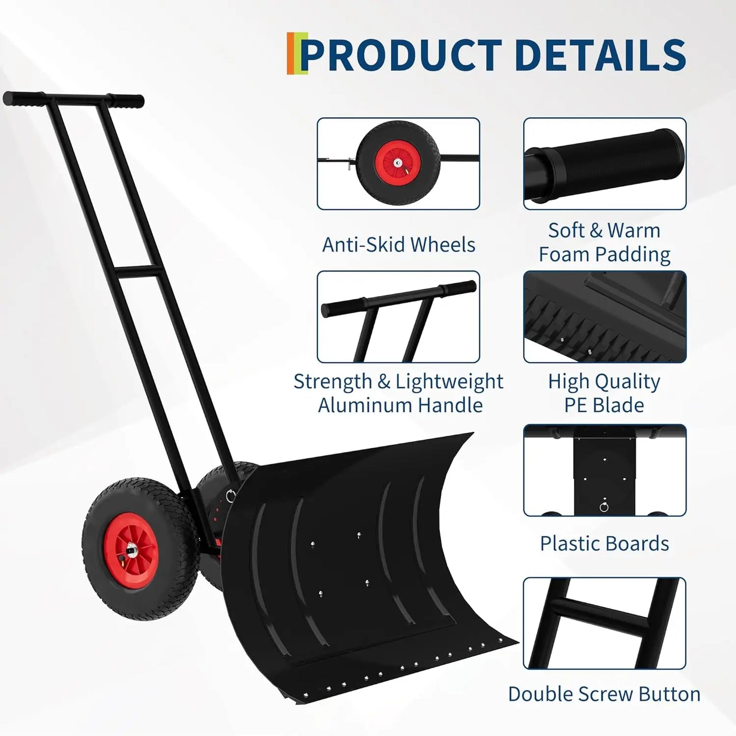 Heavy Duty Rolling Snow Shovel with Wheels 100x42cm Carbon Steel Blade 5-Position Adjustable Angled Blade & Height Handle