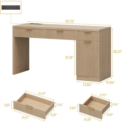 60" Executive Desk with Fluted Drawers,Wood Home Office Desk with Storage Cabinet, Charging Station,Fluted Computer Writing Desk