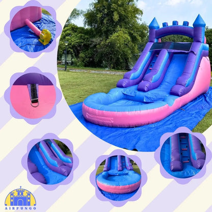 21ft Commercial Grade Navy and Purple Inflatable Water Slide with Splash Pool Bouncy Castle for Adults and Kids Includes Blower