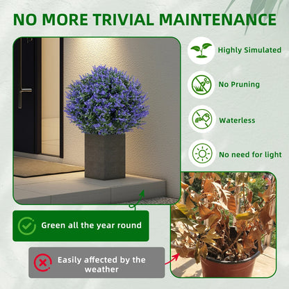 2PCS Artificial Bushes Oak Violet Ball Topiary with Peak Soil UV Resistant Ornamental Plants for Garden Terrace Balcony Decor