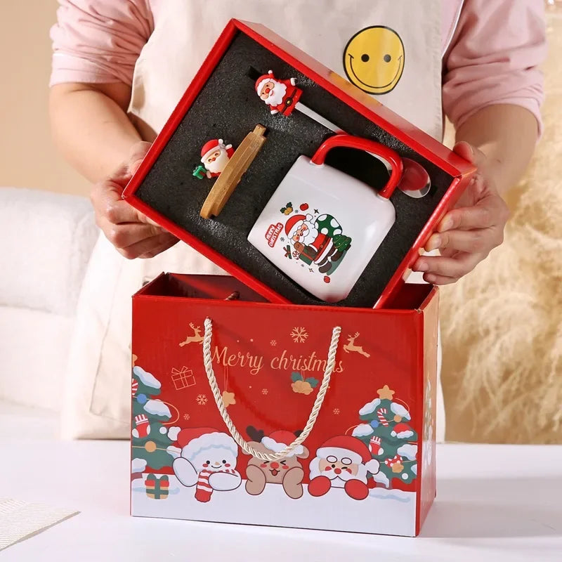 New Year Festive Christmas Xmas Theme Ceramic Mug Cup Set with Spoon and Lid Christmas Gift Box Mug Milk Coffee Tea Breakfast