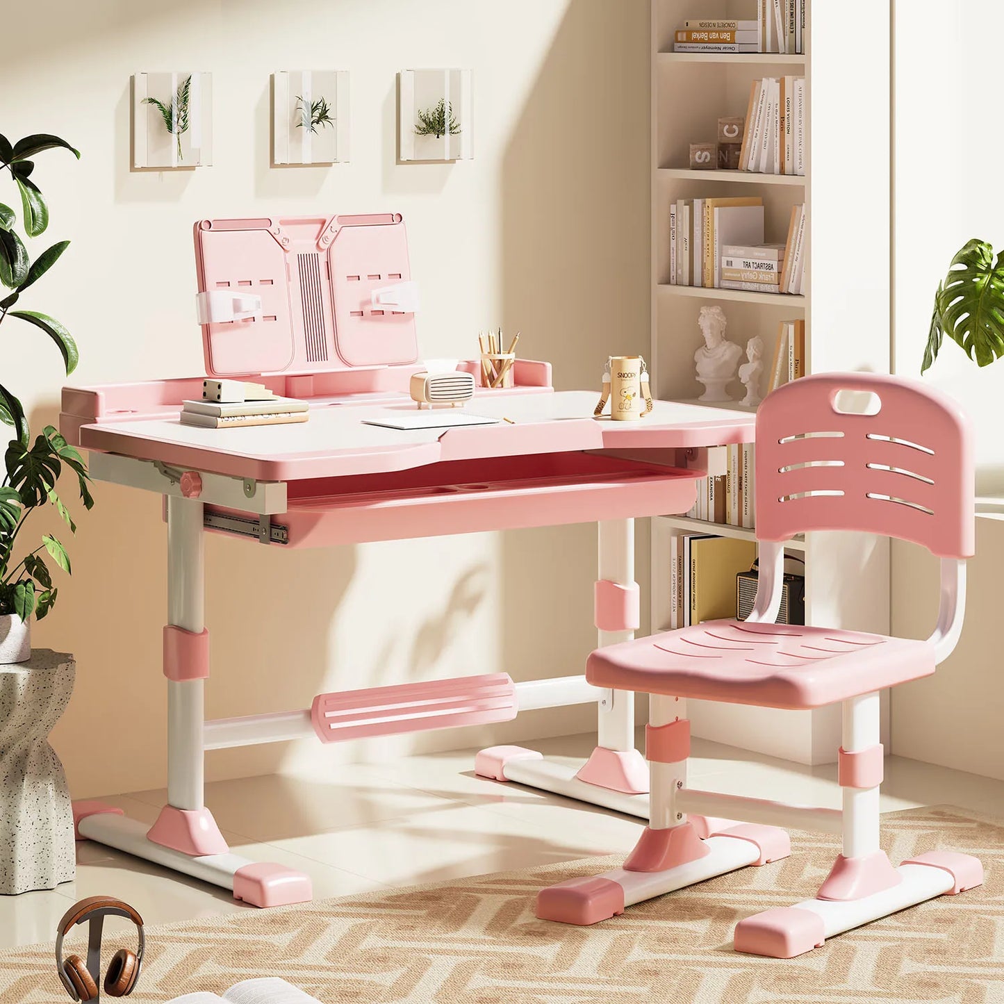 Functional Desk and Chair Set, Height Adjustable Study Desk with Tilt Desktop, Bookstand, Storage Drawer