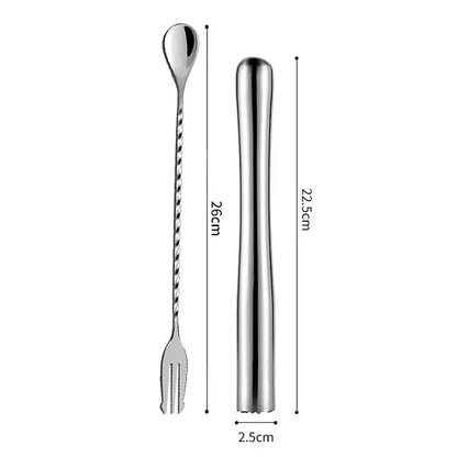 PGY 2Pcs Stainless Steel Cocktail Muddler with Bar Mixing Spoon Cocktail Muddler Long Drink Stirrer Bartender Bar Accessories