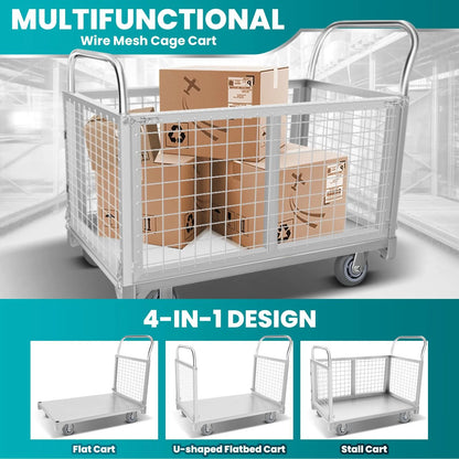 2200LBS Platform Truck Cart with Cage 4 in 1 Wire Mesh Cage Cart Basket Cart
